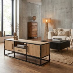 Tv meubel Dakota, mangohout, zwart metalen frame, één lade en twee deuren