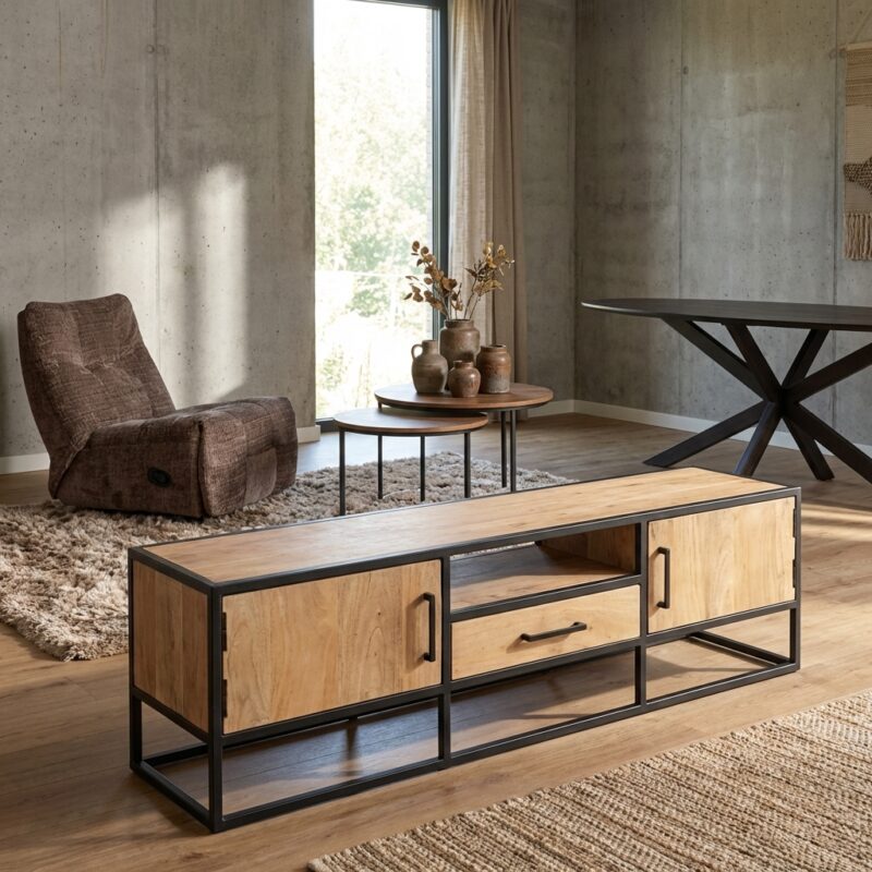 Tv meubel Dakota, mangohout, zwart frame, één lade en twee deuren