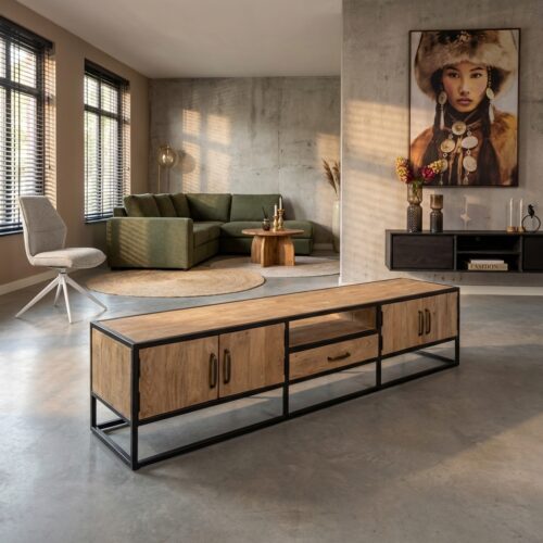 Tv meubel Dakota, mangohout, zwart metalen frame, één lade en vier deuren