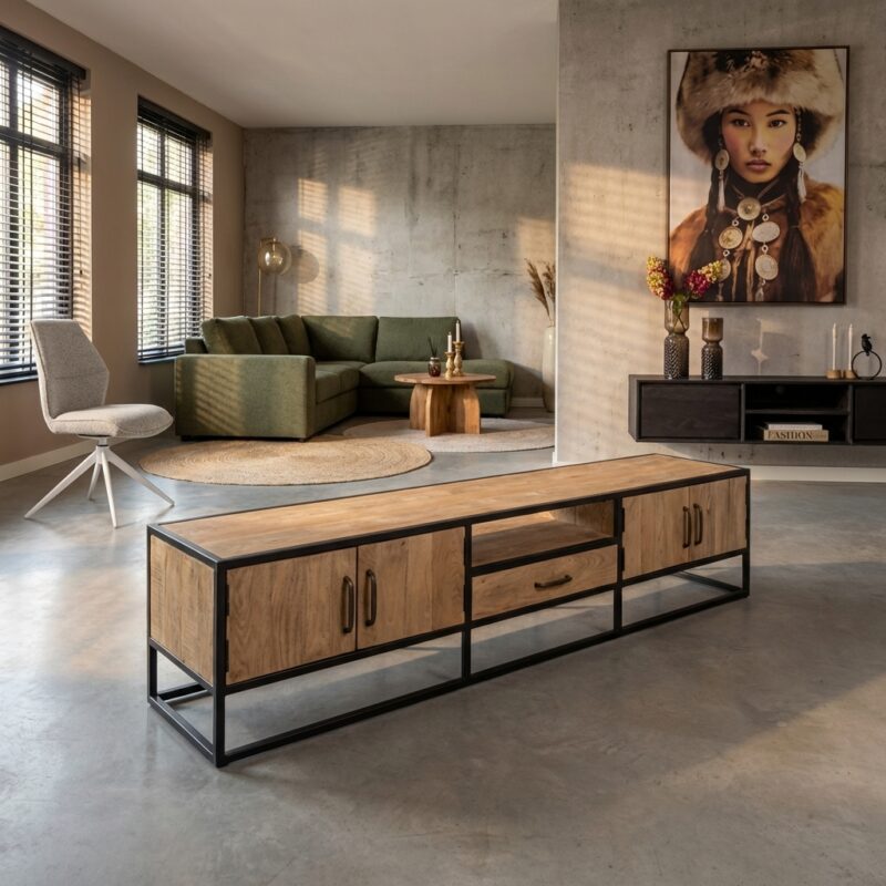 Tv meubel Dakota, mangohout, zwart metalen frame, één lade en vier deuren