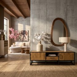 Tv meubel Denver, gelakt mangohout en zwart metalen frame, eigentijds design