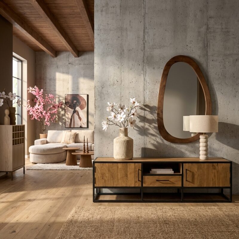 Tv meubel Denver, gelakt mangohout en zwart metalen frame, eigentijds design