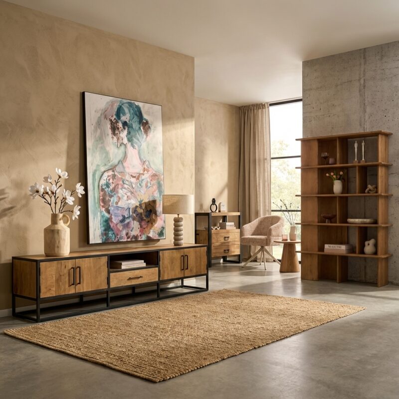 Tv meubel Denver, gelakt mangohout en zwart metalen frame, woonserie