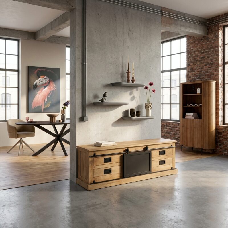 TV-meubel Fresno, mangohout, lichte finish, zwart metaal, modern interieur