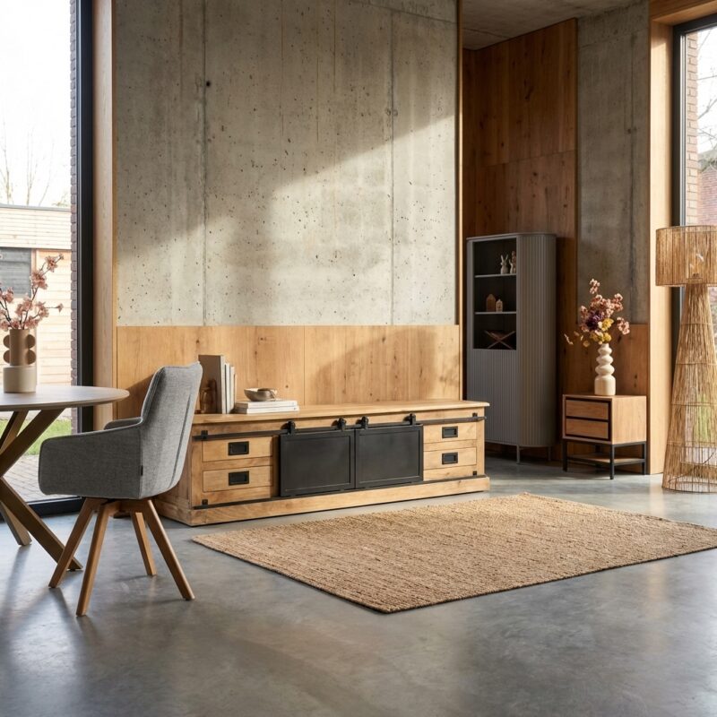 TV-meubel Fresno, mangohout en zwart metaal, stijlvol modern interieur