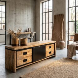 Novelle TV-meubel, zwart, massief mangohout en staal, stijlvol en functioneel