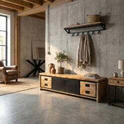 Novelle TV-meubel, zwart, massief mangohout en stalen details