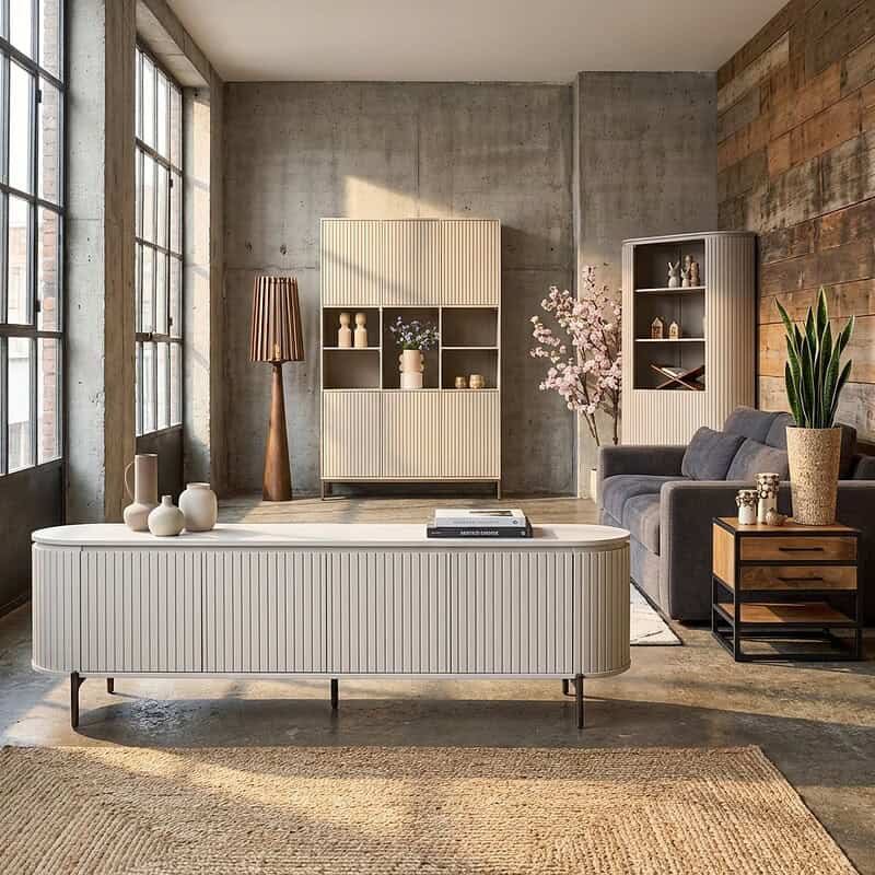 Moderne woonkamer ingericht met stijlvolle Mokana meubels, inclusief een wit dressoir, boekenkast en comfortabele bank, in een industrieel interieur met grote ramen en natuurlijke lichtinval.
