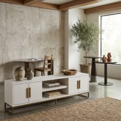 Whitebone brass TV-meubel met Oak Veneer en koperkleurig metaal, goud-wit kleur