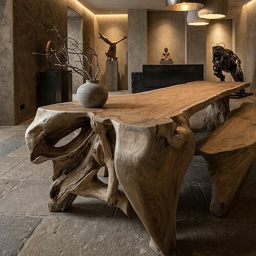 Unieke grote boomstamtafel van Suarhout, 420cm lang, perfect voor stijlvolle eetkamers en vergaderruimtes.