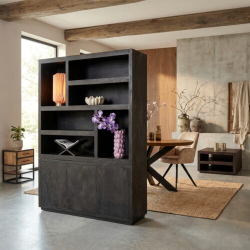 Vakkenkast Brussel Black XL, stijlvolle woonkast met mango-hout en black finish