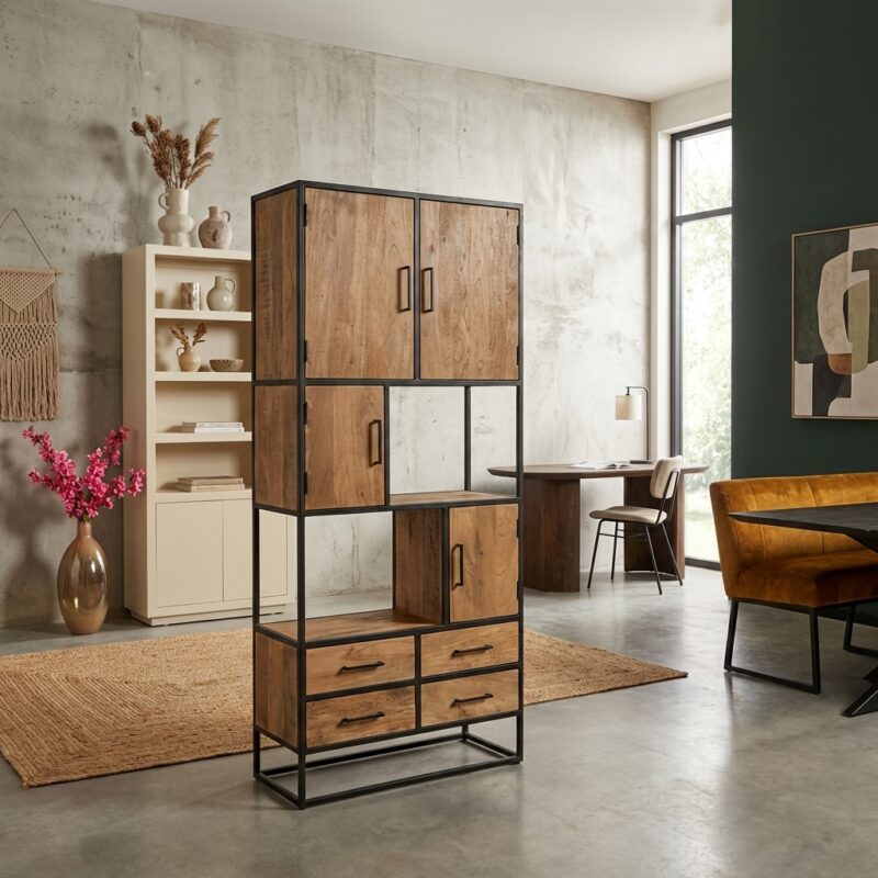 Vakkenkast Dakota, massief mangohout, lichte finish, woonserie