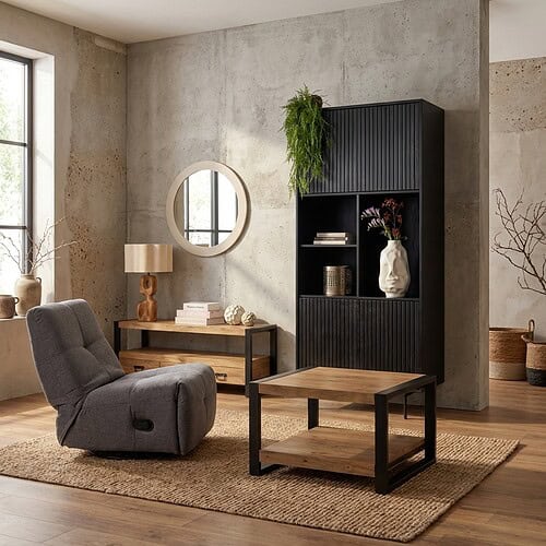 Vakkenkast Madison Black, 90 cm, mangohout en metaal, zwarte lak