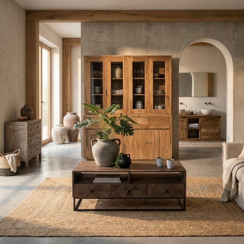 Bridge vitrinekast, grote massieve kast gemaakt van gerecycled teak, houtkleur, teak materiaal, Selected Collection stijl