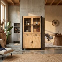 Vitrinekast Britt in mangohout met zwarte lak en lades en deuren