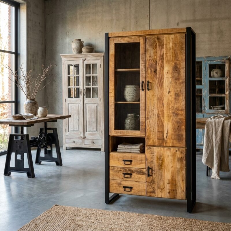 Vitrinekast Britt met glazen deur en mangohouten frame in zwart