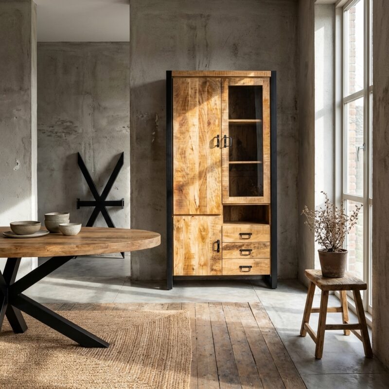 Vitrinekast Britt met glazen deur en mangohouten frame in zwart