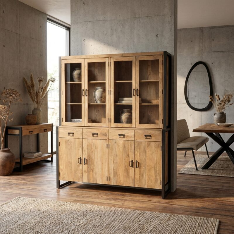 Vitrinekast Britt XXL, mangohout, lichte finish, metalen frame en handgrepen