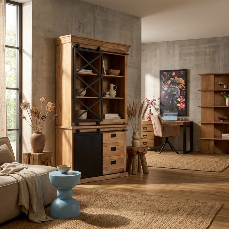 Vitrinekast Fresno, mangohout, lichte finish, zwart metaal, moderne interieur