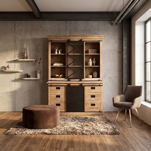 Houten kast met open en gesloten opbergruimte Vitrinekast Fresno, mangohout, lichte finish, zwarte details, moderne woonkamer