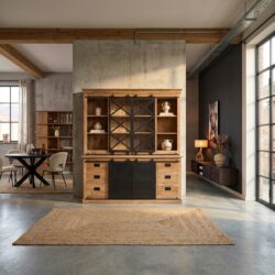 Vitrinekast Fresno XXL, mangohout, zwart metaal, modern interieur