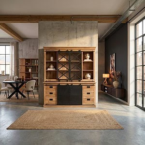 Vitrinekast Fresno XXL, mangohout, zwart metaal, modern interieur