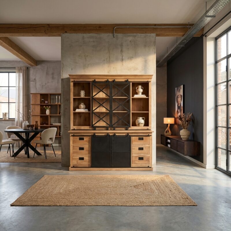 Vitrinekast Fresno XXL, mangohout, zwart metaal, modern interieur