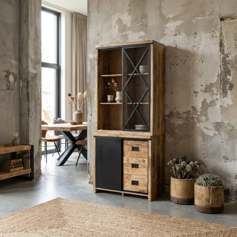 Vitrinekast Novelle 100, zwarte mangohout en stalen details, industrieel design