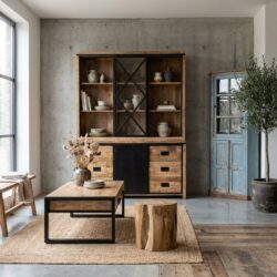 Vitrinekast Novelle 160, zwarte kruisdeuren, mangohout, industriëel design