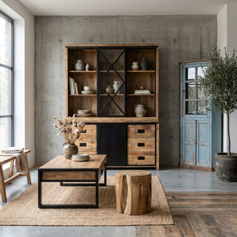 Vitrinekast Novelle 160, zwarte kruisdeuren, mangohout, industriëel design