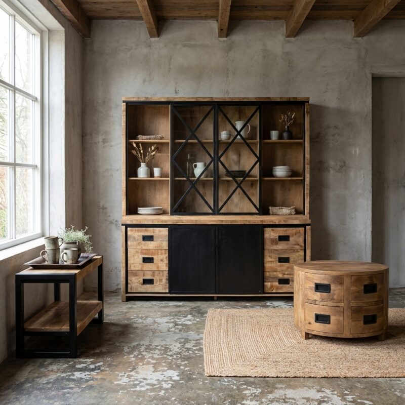 Vitrinekast Novelle 200, zwarte metalen accenten, mangohout, stijlvol