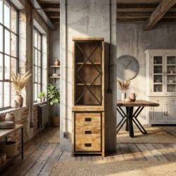 Vitrinekast Novelle 60, zwart, mango hout en staal, industrieel design