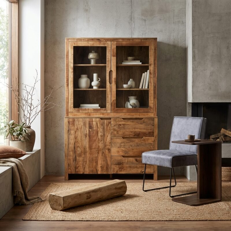 Vitrinekast Sophie 130, mango hout, houtkleur, eenvoudige stijl