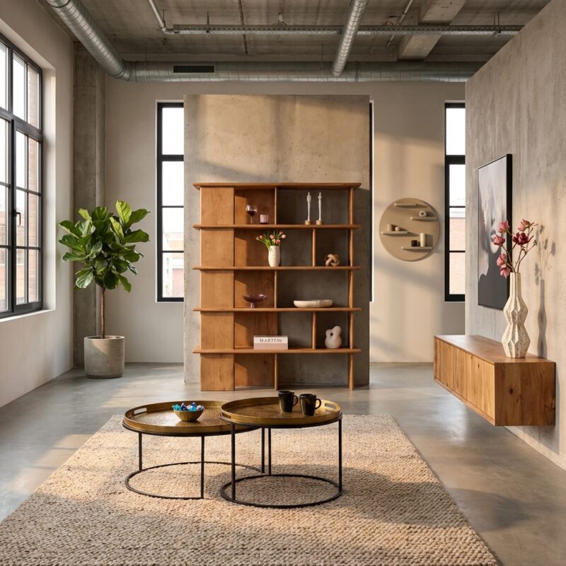 Wandkast Lina, massief mangohout, naturel, moderne stijl