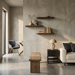 Hoge resolutie afbeelding van een modern, minimalistisch interieur met houten meubels, een bank, en decoratieve accessoires in een lichte, natuurlijke sfeer. Perfect voor interieur- en meubelontwerp.