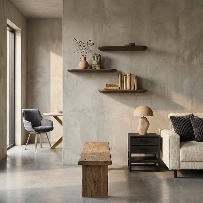 Hoge resolutie afbeelding van een modern, minimalistisch interieur met houten meubels, een bank, en decoratieve accessoires in een lichte, natuurlijke sfeer. Perfect voor interieur- en meubelontwerp.