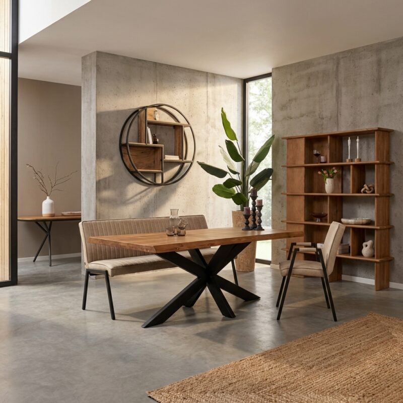 Wandrek Dakota, massief mangohout, metalen frame, lichte finish, woondecoratie