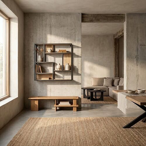 Hochauflösendes Foto eines modernen, minimalistischen Wohnzimmers mit Möbeln aus Naturholz, einer Betonwand und großen Fenstern, die viel Tageslicht hereinlassen – perfekt für Mokana Meube.