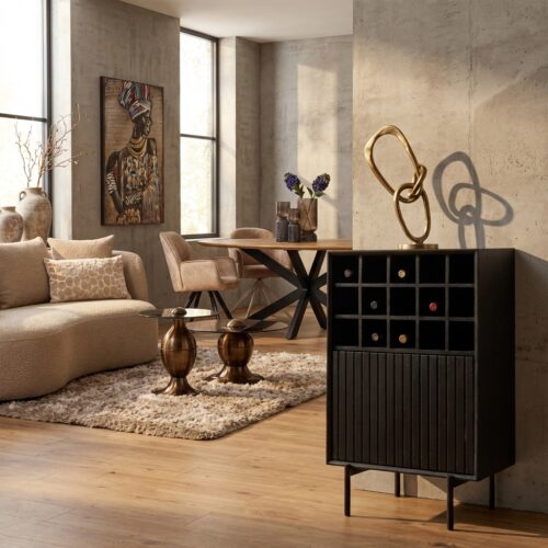 Wijnkast Madison Black, mangohout, zwarte lak, woonserie