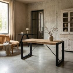 Zitbank Britt 140, houten blad, zwarte metalen frame, robuuste elegantie