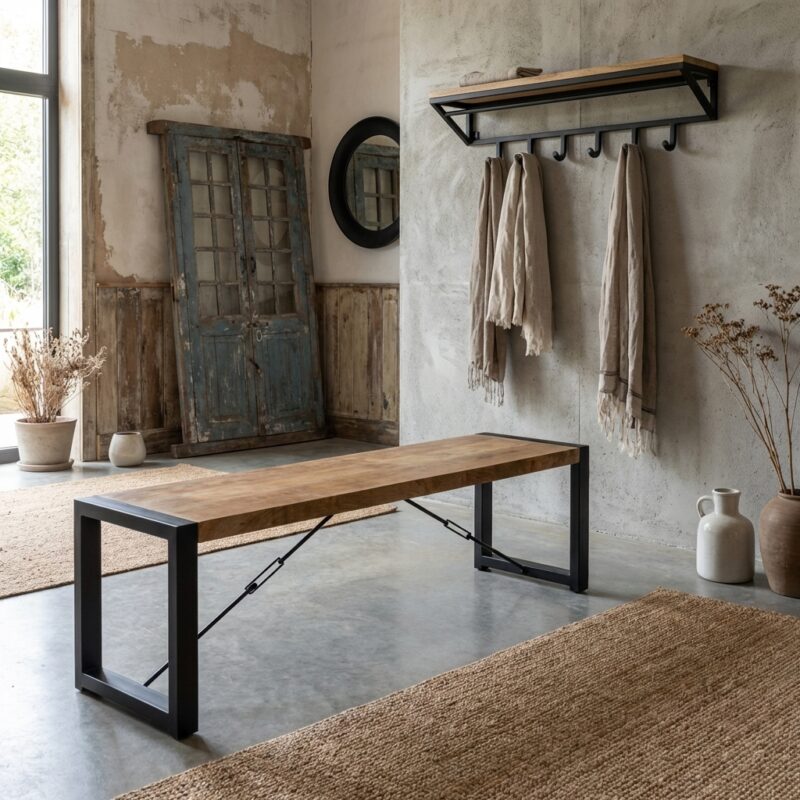 Zitbank Britt 160, houten blad en metalen frame, robuuste elegantie