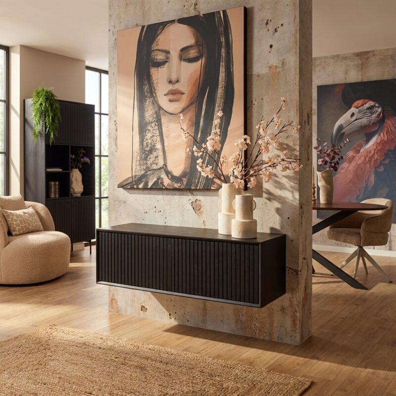 Zwevend tv-meubel Madison Black, 120 cm, mangohout, stijlvol