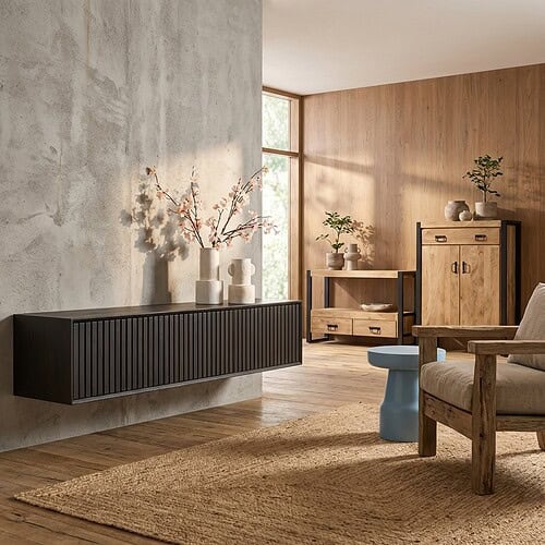 Zwevend tv-meubel Madison Black, 160 cm, mangohout, stijlvol