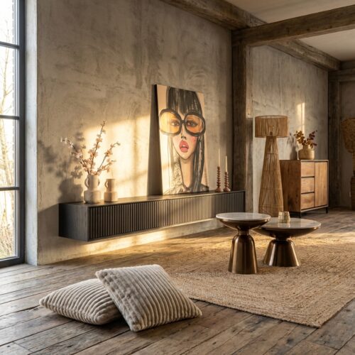 Hängender TV-Schrank Madison Black, 280 cm, Mangoholz, stilvoll