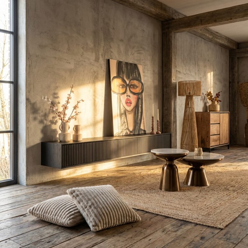 Zwevend tv-meubel Madison Black, 280 cm, mangohout, stijlvol