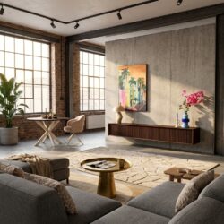 Zwevend tv-meubel Madison Brown in witte kleur met mangohouten deuren