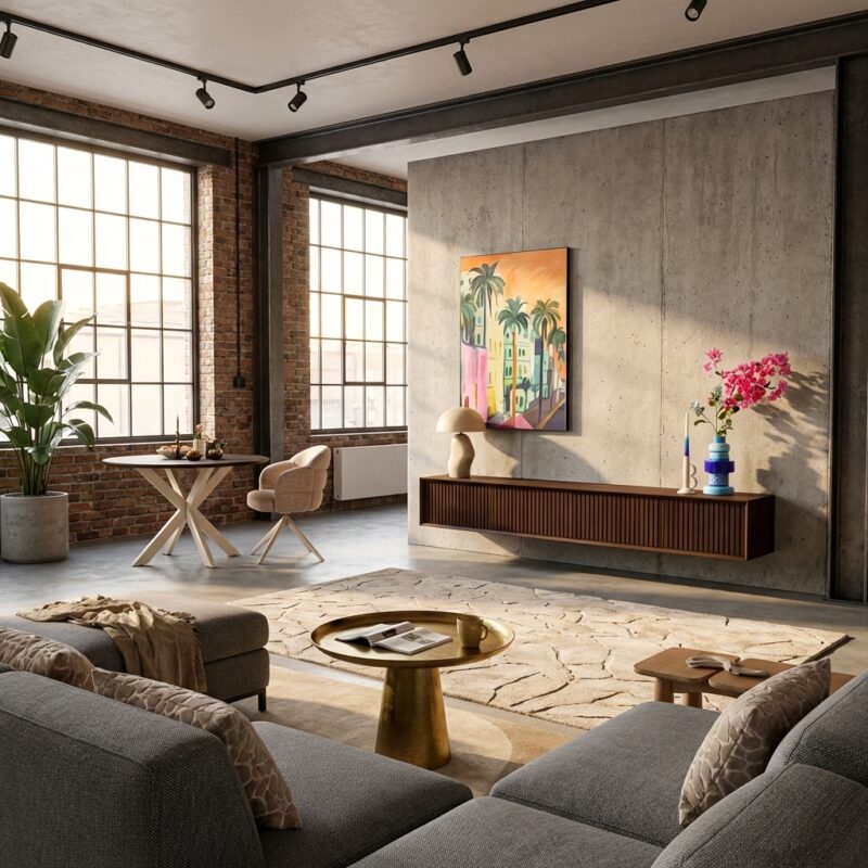 Zwevend tv-meubel Madison Brown in witte kleur met mangohouten deuren