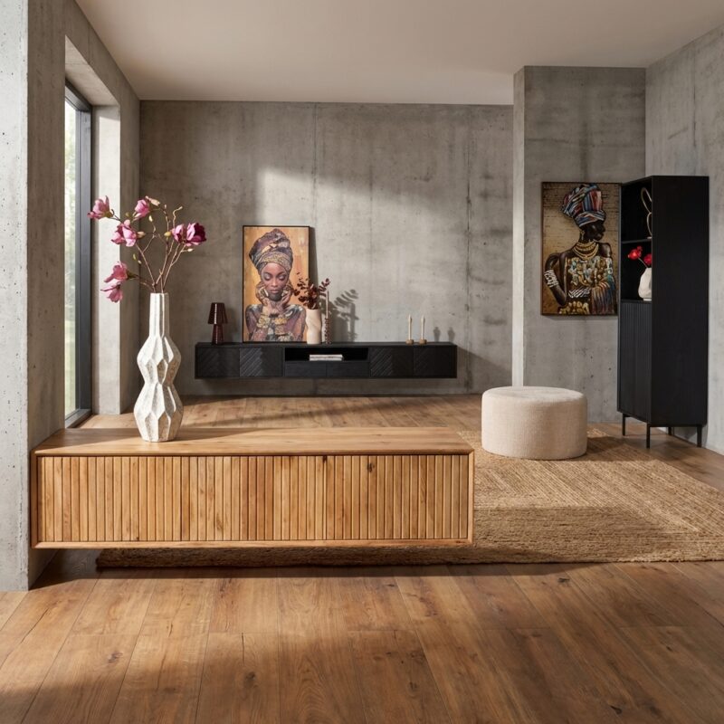 Zwevend tv-meubel Madison Natural, prachtig mangohout, verticaal lattenpatroon