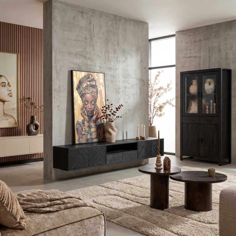 Stijlvol zwevend tv meubel New York in zwarte lak en mangohout