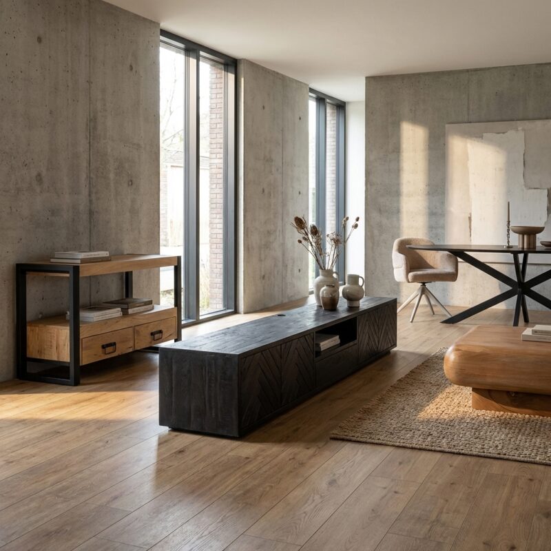 Zwevend tv meubel New York, stijlvol en modern, mangohout en zwarte lak